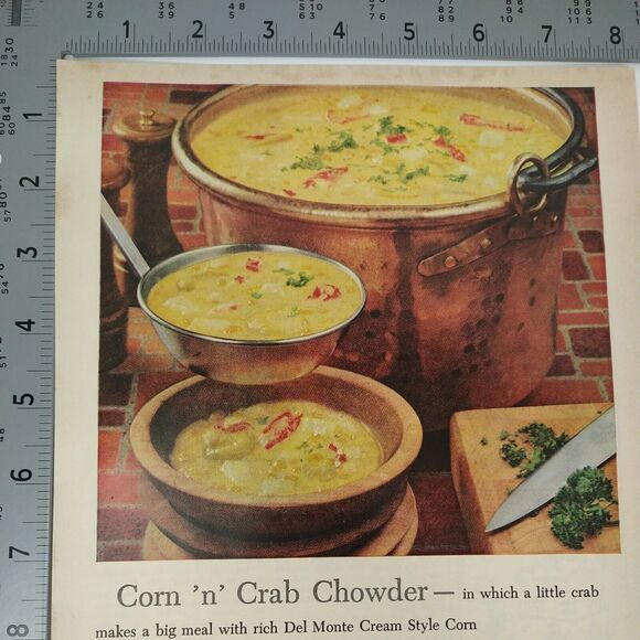 1958 Del Monte Corn Ad Crab Chowder Bronze Pot Wood Bowl Recipe MCM Print Ad - Picture 5 of 8